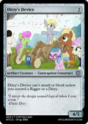 Size: 375x523 | Tagged: safe, derpibooru import, blue lily, derpy hooves, pegasus, pony, the cart before the ponies, bipedal, card, cart, female, filly, foal, magic the gathering, mare, spread hooves