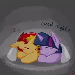 Size: 720x720 | Tagged: safe, artist:aka-ryuga, derpibooru import, sunset shimmer, twilight sparkle, twilight sparkle (alicorn), alicorn, pony, blanket, female, lesbian, mare, nuzzling, prone, shipping, sleeping, sunsetsparkle, z