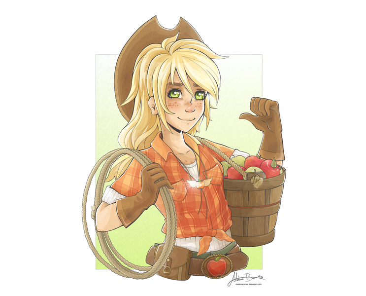 #949153 - Apple, Applejack, Artist:viviennecorner, Belt, Bucket 