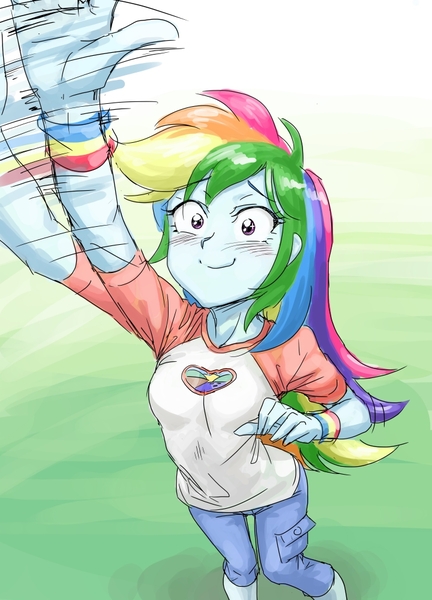 Size: 720x1000 | Tagged: safe, artist:invisibleone11, derpibooru import, rainbow dash, equestria girls, legend of everfree, blushing, camp everfree outfits, clothes, cute, dashabetes, female, motion lines, pants, scene interpretation, shirt, solo, waving, wristband