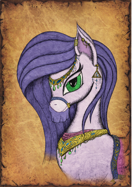 Size: 2484x3496 | Tagged: safe, artist:konsumo, derpibooru import, oc, oc:inaria el iksier, unofficial characters only, saddle arabian, bust, jewelry, mixed media, portrait, solo, vintage