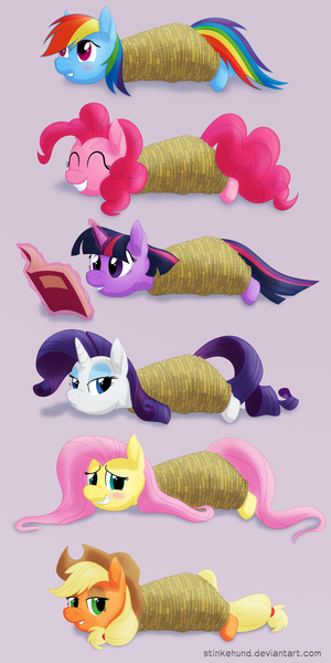 Size: 3000x6000 | Tagged: safe, artist:stinkehund, derpibooru import, applejack, fluttershy, pinkie pie, rainbow dash, rarity, twilight sparkle, earth pony, pony, unicorn, blushing, body pillow, body pillow design, body pillow meme, bondage, book, female, lying down, mane six, mare, rainbond dash, rarity is not amused, rope, rope bondage, ropes, smiling, tied up