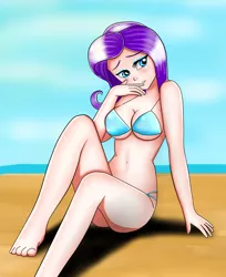 Size: 1632x2000 | Tagged: artist:focusb, barefoot, beach, belly button, bikini, blue swimsuit, blushing, breasts, busty rarity, cleavage, clothes, derpibooru import, feet, female, human, humanized, midriff, multiple variants, :o, rarity, sitting, solo, solo female, suggestive, sultry pose, swimsuit, underass