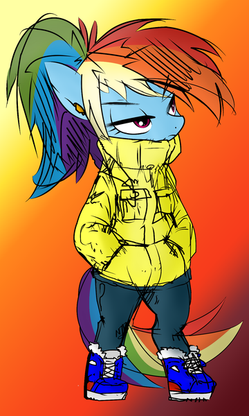 Size: 1152x1920 | Tagged: anthro, artist:30clock, artist:marcus todjel, boots, clothes, coat, derpibooru import, gradient background, jacket, ponytail, rainbow dash, safe, solo, unguligrade anthro