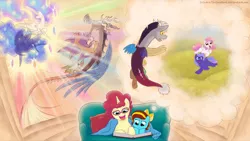 Size: 1280x720 | Tagged: a different perspective, artist:celestiathegreatest, derpibooru import, discord, oc, oc:ilovekimpossiblealot, pink-mane celestia, princess celestia, princess luna, reading, safe, story, younger