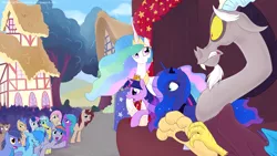 Size: 1280x720 | Tagged: safe, artist:celestiathegreatest, derpibooru import, discord, princess celestia, princess luna, twilight sparkle, twilight sparkle (alicorn), oc, alicorn, pony, a different perspective, crowd