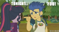 Size: 793x439 | Tagged: safe, derpibooru import, edit, edited screencap, screencap, flash sentry, sci-twi, twilight sparkle, equestria girls, legend of everfree, aqua teen hunger force, caption, hand banana, image macro, implied flashlight, implied shipping, implied straight, meme, ponytail, tonight you