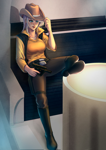 Size: 990x1400 | Tagged: applejack, artist:bakki, belt, blaster, clothes, commission, crossover, derpibooru import, female, han shot first, han solo, hat, human, humanized, safe, solo, star wars