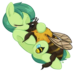 Size: 722x691 | Tagged: safe, artist:bloodorangepancakes, derpibooru import, oc, oc:silly numptie, unofficial characters only, bee, earth pony, pony, cuddling, cute, female, fluffy, hugging a bee, mare, plounge, reddit, simple background, snuggling, solo, transparent background