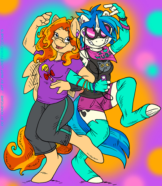 Size: 959x1100 | Tagged: anthro, artist:kaemantis, bracelet, clothes, dancing, derpibooru import, jewelry, kaemantis, oc, oc:honeycane, safe, sharing headphones, socks, thigh highs, vinyl scratch