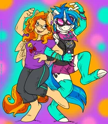 Size: 959x1100 | Tagged: anthro, artist:kaemantis, bracelet, clothes, dancing, derpibooru import, jewelry, kaemantis, oc, oc:honeycane, safe, sharing headphones, socks, thigh highs, vinyl scratch