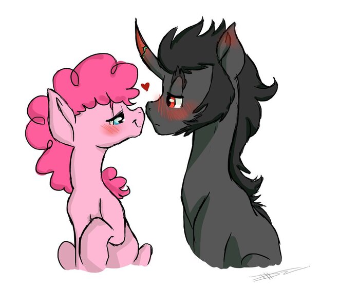 Size: 939x851 | Tagged: safe, artist:loladotz, derpibooru import, king sombra, pinkie pie, earth pony, pony, unicorn, bedroom eyes, blushing, boop, colored horn, curved horn, ear blush, female, heart, horn, looking at each other, male, mare, noseboop, shipping, simple background, sombra's horn, sombrapie, stallion, straight, white background