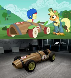 Size: 1252x1388 | Tagged: safe, artist:peternators, derpibooru import, screencap, apple bloom, applejack, pony, the cart before the ponies, car, comparison, ferrari, ferrari 125, forza motorsport 6, meme, racecar