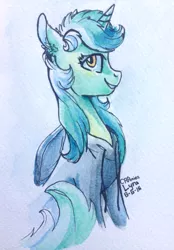 Size: 1024x1474 | Tagged: safe, artist:crponies, derpibooru import, lyra heartstrings, pony, unicorn, clothes, grin, hoodie, profile, smiling, solo, traditional art, watercolor painting