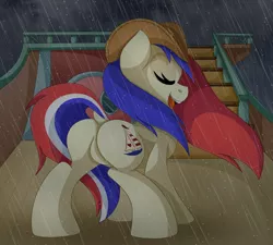 Size: 1486x1337 | Tagged: artist:pearlyiridescence, ass, boat, derpibooru import, dock, female, hat, oc, oc:captain wet poni, pirate, pirate hat, rain, ship, solo, solo female, storm, suggestive, tricorne, unofficial characters only, wet mane