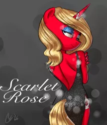 Size: 540x628 | Tagged: safe, artist:ceehoff, derpibooru import, oc, oc:scarlet rose, unofficial characters only, anthro, unicorn, anthro oc, backless, backless dress, black dress, blonde, clothes, dress, eyeliner, female, looking over shoulder, makeup, mare, open-back dress, solo