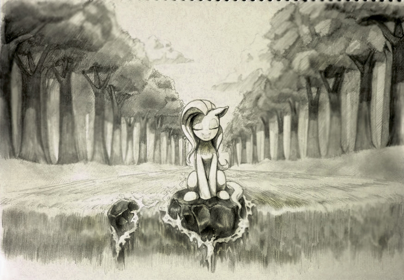 Size: 870x602 | Tagged: safe, artist:louislithium, derpibooru import, fluttershy, pegasus, pony, eyes closed, folded wings, forest, grayscale, meditating, monochrome, peaceful, river, sitting, solo, traditional art, waterfall