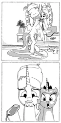 Size: 4000x8000 | Tagged: artist:billneigh, bathroom, beard, comic, derpibooru import, facial hair, faic, mirror, monochrome, plot, princess celestia, princess luna, safe, shaving, shocked, towel