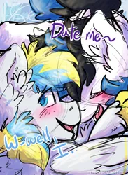 Size: 1552x2121 | Tagged: safe, artist:iroxykun, derpibooru import, oc, oc:cirrus sky, oc:frozen soul, unofficial characters only, hippogriff, pegasus, pony, blushing, cute, eyes closed, freckles, gay, male, oc x oc, open mouth, shipping, snuggling, stallion, text, wings