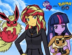 Size: 1058x804 | Tagged: safe, artist:angeltorchic, derpibooru import, sunset shimmer, twilight sparkle, twilight sparkle (alicorn), eevee, flareon, equestria girls, clothes, crossover, cute, looking at you, nintendo, open mouth, pokémon, pokémon go, shimmerbetes, smiling, twiabetes