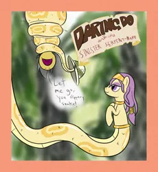 Size: 1000x1088 | Tagged: artist:mightyshockwave, book cover, coils, constriction, daring do, derpibooru import, lamia, nose in the air, oc, oc:mist reticle, original species, peril, safe, snake, squeezing, yelling