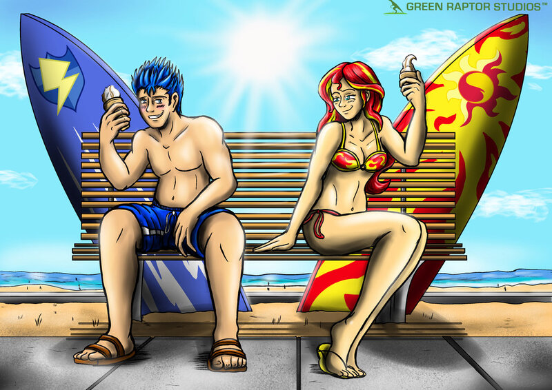 Size: 1023x724 | Tagged: safe, artist:greenraptor15, derpibooru import, flash sentry, sunset shimmer, human, beach, belly button, bench, bikini, clothes, female, flashimmer, food, humanized, ice cream, male, sandals, shipping, straight, surfboard, swimsuit, topless