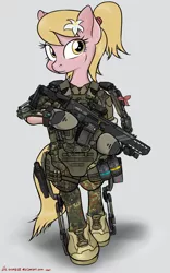 Size: 1288x2068 | Tagged: safe, artist:orang111, derpibooru import, edit, lily, lily valley, pony, alternate hairstyle, armor, assault rifle, bipedal, exosuit, grenade, gun, hxd-9, military, operator, powered exoskeleton, railgun, ribbon, rifle, solo, weapon