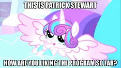 Size: 1366x768 | Tagged: caption, cute, derpibooru import, edit, edited screencap, family guy, flurrybetes, image macro, looking up, meme, on back, open mouth, patrick stewart, princess flurry heart, safe, screencap, smiling, solo, spread wings, the crystalling, weapons-grade cute