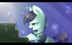 Size: 1280x800 | Tagged: safe, artist:blacki, derpibooru import, coloratura, pony, the mane attraction, chest fluff, clothes, female, i am just a pony, mare, open mouth, piano, rara, scene interpretation, smiling, solo, the magic inside