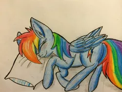 Size: 3264x2448 | Tagged: safe, artist:snowfoxythefox, derpibooru import, rainbow dash, blushing, colored, colored pencil drawing, colored sketch, cute, dashabetes, eyes closed, hnnng, pencil, pencil drawing, pillow, simple background, sleeping, smiling, solo, traditional art