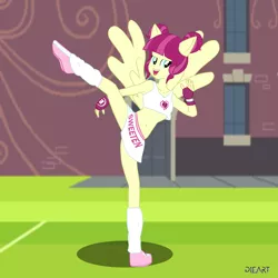 Size: 2000x2000 | Tagged: safe, artist:dieart77, derpibooru import, majorette, sweeten sour, equestria girls, friendship games, belly button, breasts, canterlot high, cheerleader, cleavage, clothes, commission, exeron fighters, exeron gloves, female, field, fingerless gloves, gloves, kick, midriff, miniskirt, open mouth, ponied up, shoes, skirt, skirt lift, sneakers, socks, solo, sports bra, wondercolts