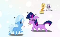 Size: 800x500 | Tagged: safe, artist:dragonpone, derpibooru import, idw, sunflower spectacle, trixie, twilight sparkle, twilight velvet, pony, unicorn, spoiler:comic, spoiler:comic40, angry, chest fluff, cross-popping veins, eyes closed, female, filly, filly trixie, filly twilight sparkle, floppy ears, looking back, mare, raspberry, sitting, talking, tongue out, younger
