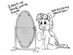 Size: 1280x962 | Tagged: safe, artist:pabbley, derpibooru import, twilight sparkle, twilight sparkle (alicorn), alicorn, pony, 30 minute art challenge, cute, dialogue, forever alone, friendzone, grayscale, magic mirror, meme, monochrome, open mouth, raised hoof, simple background, sketch, solo, twiabetes, white background