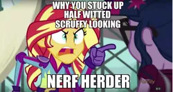 Size: 1280x687 | Tagged: safe, derpibooru import, edit, edited screencap, screencap, sci-twi, sunset shimmer, twilight sparkle, equestria girls, friendship games, angry, caption, family guy, image macro, meme, pointing, star wars, sunset yells at twilight, this might end in pain