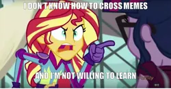 Size: 1280x672 | Tagged: safe, derpibooru import, edit, edited screencap, screencap, sci-twi, sunset shimmer, twilight sparkle, equestria girls, friendship games, caption, crossing the memes, exploitable meme, image macro, meme, sunset is not willing to learn, sunset yells at twilight
