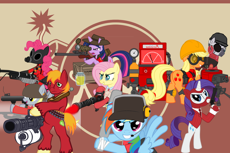 Size: 900x600 | Tagged: safe, artist:trungtranhaitrung, derpibooru import, applejack, big macintosh, fluttershy, pinkie pie, rainbow dash, rarity, twilight sparkle, zecora, earth pony, pegasus, pony, unicorn, zebra, bipedal, box, crossover, demoman, dispenser, engineer, game, gun, heavy, jar, jarate, male, mane six, medic, pee in container, pyro, scout, sentry, sniper, spy, stallion, team fortress 2, urine, weapon