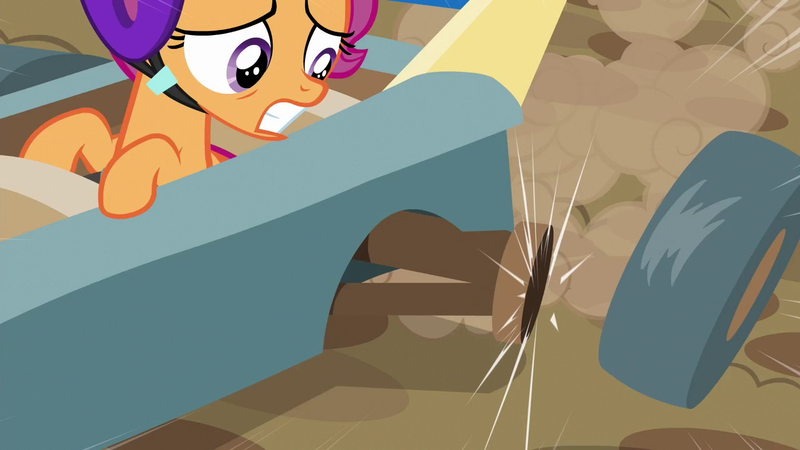 Size: 1280x720 | Tagged: safe, derpibooru import, screencap, scootaloo, pony, the cart before the ponies, broken, cart, wheel