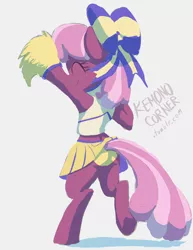 Size: 612x792 | Tagged: suggestive, artist:raikoh, derpibooru import, cheerilee, earth pony, pony, the cart before the ponies, bow, cheeribetes, cheerileeder, cheerleader, clothes, cute, eyes closed, female, hair bow, mare, midriff, panties, panty shot, pleated skirt, plot, pom pom, simple background, skirt, skirt lift, smiling, solo, tail upskirt, underwear, upskirt, white background, yellow underwear