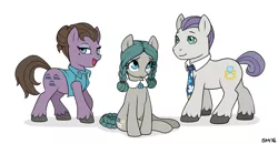 Size: 1234x642 | Tagged: safe, artist:sorcerushorserus, derpibooru import, oc, oc:pettipoint, oc:primrose, oc:pyrite, unofficial characters only, earth pony, pony, crack shipping, offspring, parent:cloudy quartz, parent:hondo flanks, parents:hondoquartz, shipping, siblings