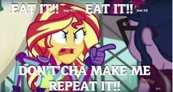 Size: 1280x687 | Tagged: safe, derpibooru import, edit, edited screencap, screencap, sci-twi, sunset shimmer, twilight sparkle, equestria girls, friendship games, angry, discovery family logo, exploitable meme, image macro, meme, pointing, song reference, sunset yells at twilight, weird al yankovic