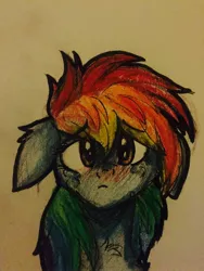 Size: 2448x3264 | Tagged: safe, artist:snowfoxythefox, derpibooru import, rainbow dash, blushing, chest fluff, colored, colored pencil drawing, colored sketch, crying, cute, dashabetes, ear fluff, feels, floppy ears, frown, out of character, pencil, pencil drawing, sad, simple background, solo, traditional art