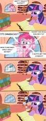 Size: 2540x6700 | Tagged: safe, artist:nuka-kitty, derpibooru import, pinkie pie, twilight sparkle, unicorn, book, bubble pipe, comic, library, overreaction, pipe, reading, silly, unicorn twilight