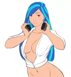 Size: 788x858 | Tagged: absolute cleavage, alternate hairstyle, artist:eve-ashgrove, belly button, breasts, busty vinyl scratch, cleavage, clothes, derpibooru import, female, headphones, hoodie, human, humanized, looking at you, midriff, no bra underneath, open chest, sexy, solo, solo female, stupid sexy vinyl, suggestive, vinyl scratch, wide hips