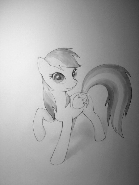 Size: 1024x1365 | Tagged: artist:murphylaw4me, backwards cutie mark, derpibooru import, grayscale, monochrome, rainbow dash, safe, solo, traditional art