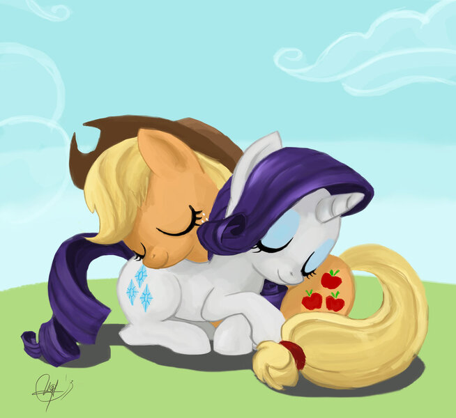 Size: 1024x939 | Tagged: safe, artist:nia90, derpibooru import, applejack, rarity, pony, female, lesbian, mare, rarijack, shipping, sleeping, snuggling