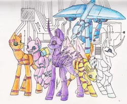 Size: 1166x955 | Tagged: safe, artist:rimmi1357, derpibooru import, applejack, fluttershy, pinkie pie, rainbow dash, rarity, twilight sparkle, twilight sparkle (alicorn), alicorn, earth pony, pegasus, pony, robot, robot pony, unicorn, alternate mane six, alternate universe, applebot, cutie mark, female, flutterbot, hooves, horn, mane six, mare, nightmare fuel, pinkie bot, rainbot dash, raribot, solo, traditional art, twibot