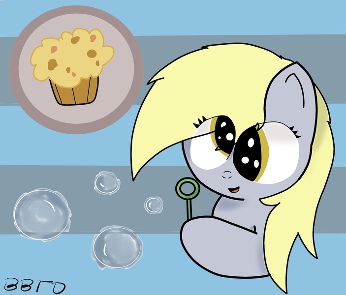 Size: 2409x2055 | Tagged: safe, artist:bronybehindthedoor, derpibooru import, derpy hooves, pegasus, pony, bubble, bubble wand, digital art, female, food, mare, muffin, signature, solo