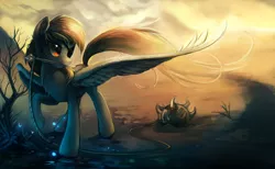 Size: 1280x789 | Tagged: safe, artist:hioshiru, derpibooru import, derpy hooves, pegasus, pony, badass, blood, chest fluff, epic derpy, eyepatch, female, flail, mare, mouth hold, raised hoof, scar, solo, spread wings, weapon