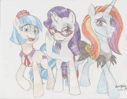 Size: 2195x1700 | Tagged: safe, artist:semijuggalo, derpibooru import, coco pommel, rarity, sassy saddles, earth pony, pony, unicorn, clothes, female, glasses, grin, mare, simple background, smiling, traditional art