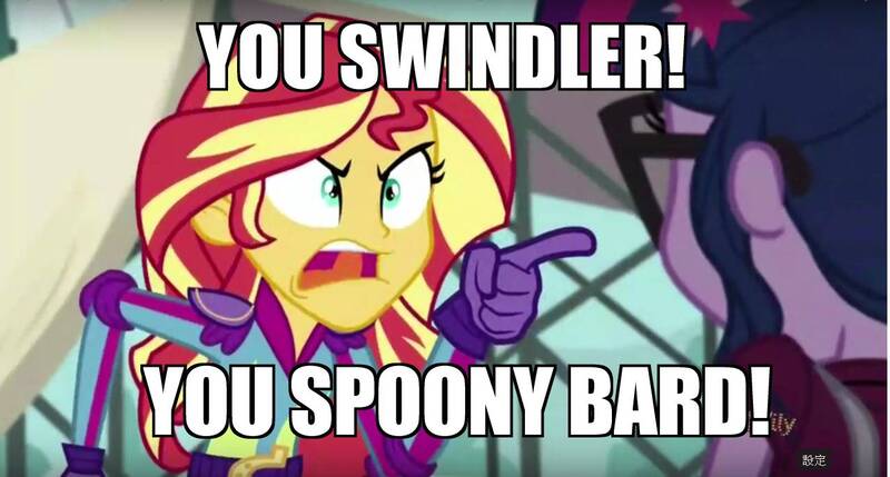 Size: 1280x687 | Tagged: safe, derpibooru import, edit, edited screencap, screencap, sci-twi, sunset shimmer, twilight sparkle, equestria girls, friendship games, angry, final fantasy iv, image macro, meme, pointing, spoony, spoony bard, sunset yells at twilight